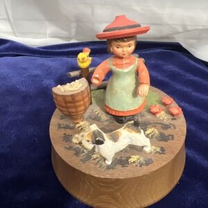 Vtg Anri Music Box Works Musical Handcrafted Italy Edelweiss Girl Dog